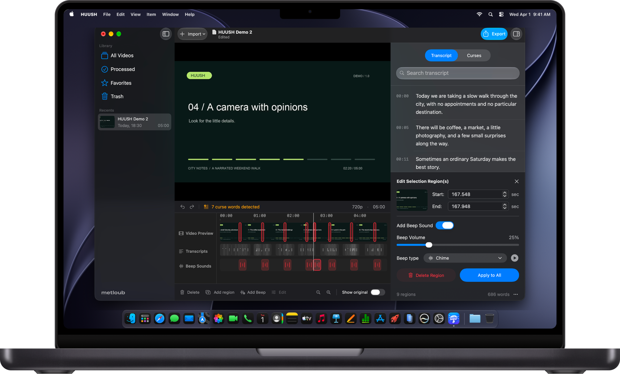 HUUSH for Mac with a video preview, transcript, and censorship timeline